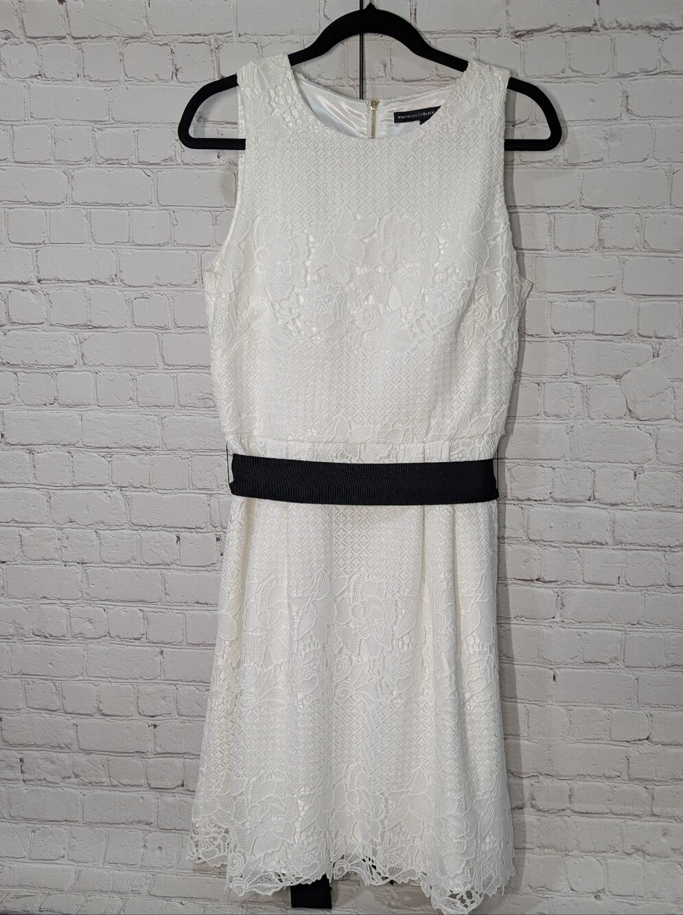White House Black Market White Lace Midi Dress with Black Waistband
